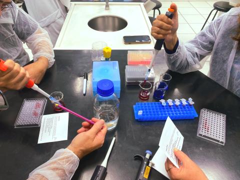 Professores praticando o uso da micropipeta.